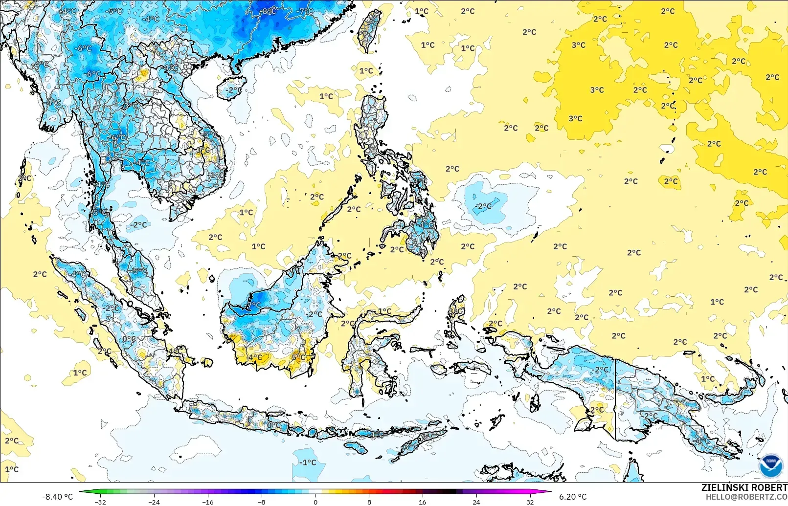 GFS modelo - Sudeste Asiático, Anomalia de temperatura a 2 m