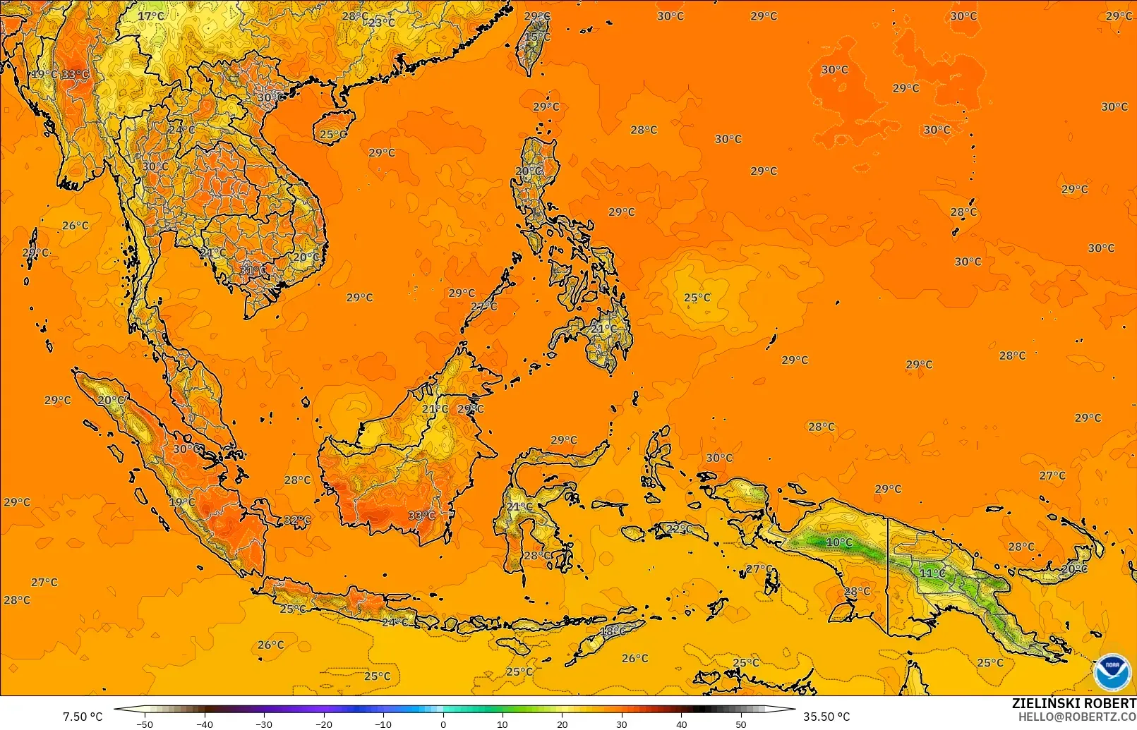 GFS modelo - Sudeste Asiático, Temperatura a 2 m