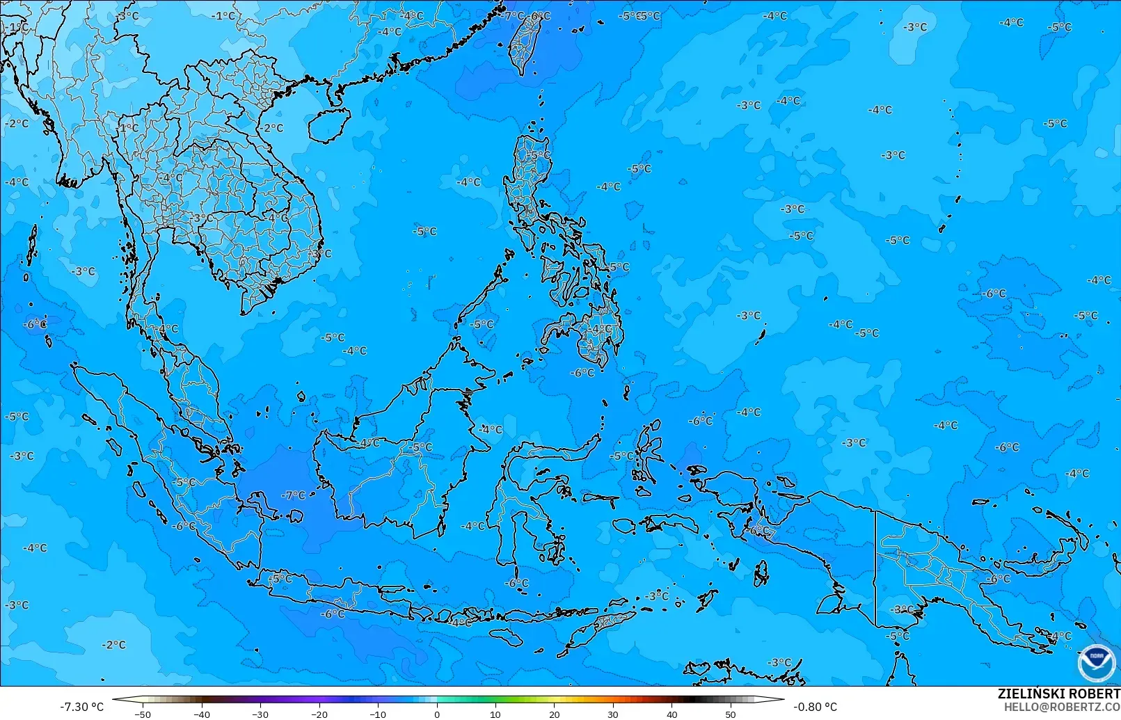 GFS modelo - Sudeste Asiático, Temperatura a 500 hPa