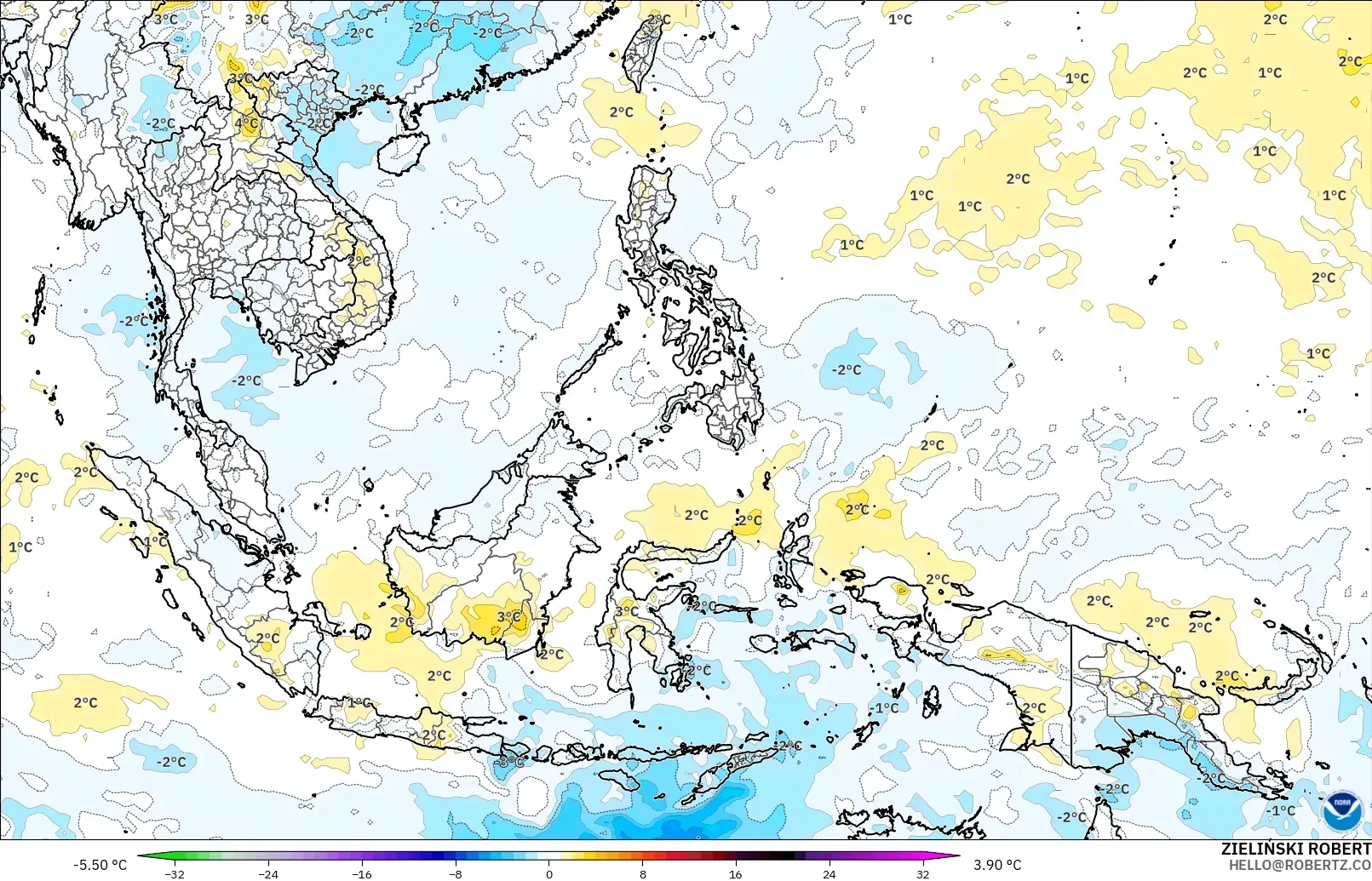 GFS modelo - Sudeste Asiático, Anomalia de temperatura a 850 hPa