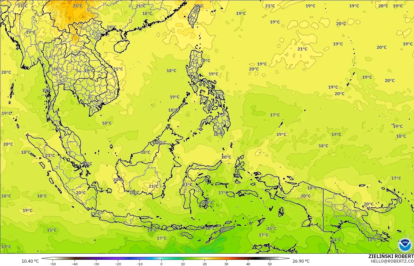 GFS modelo - Sudeste Asiático, Temperatura a 850 hPa