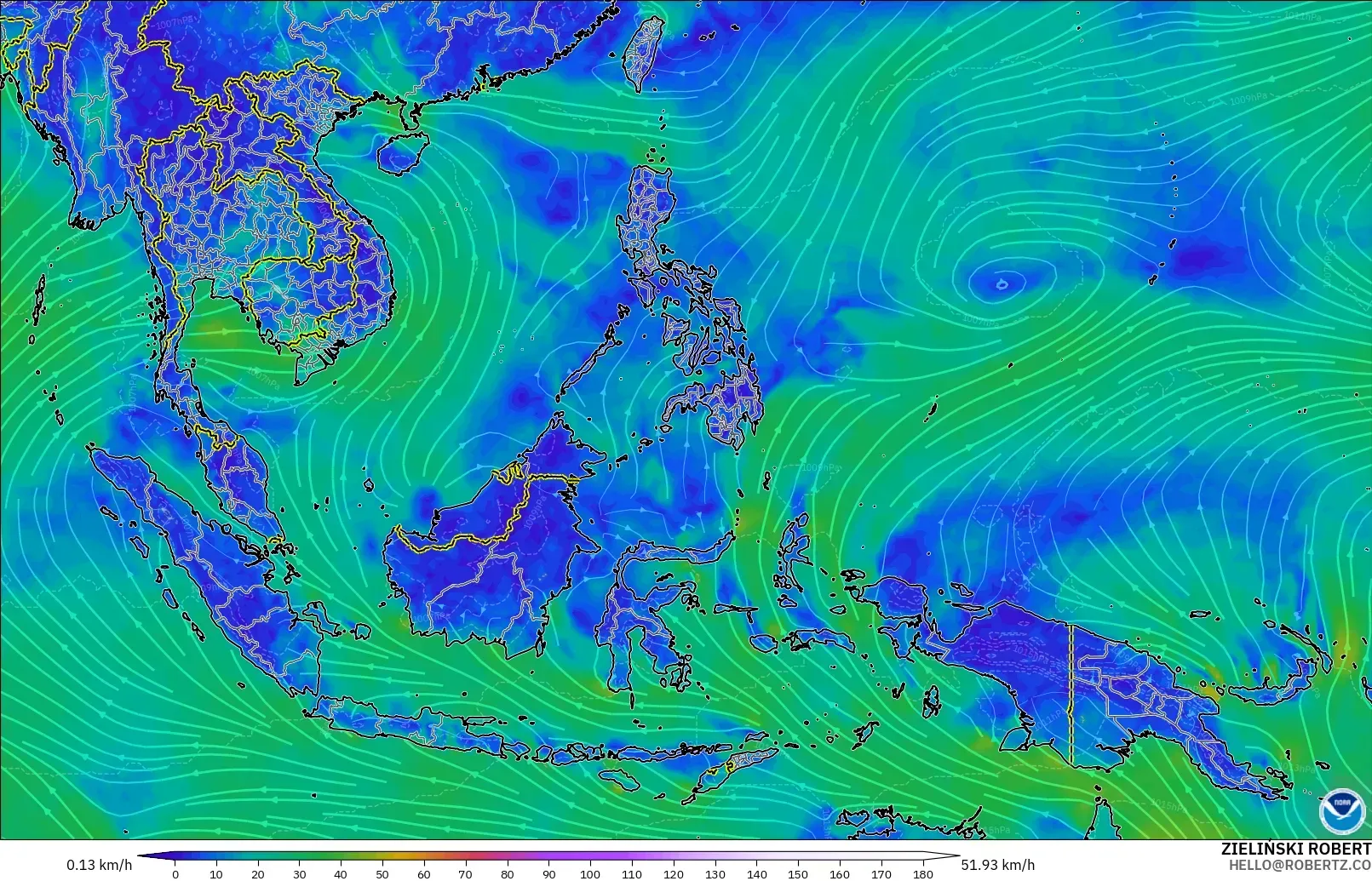 GFS modelo - Sudeste Asiático, Vento a 10 m