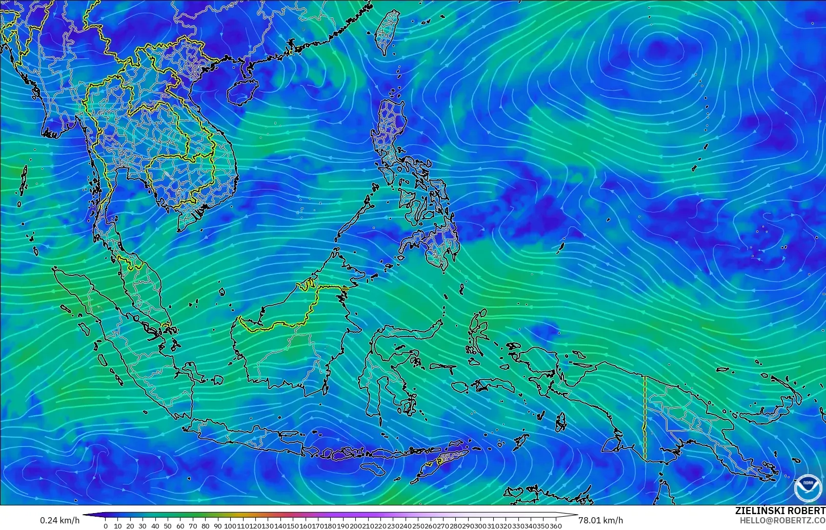 GFS modelo - Sudeste Asiático, Vento a 300 hPa (corrente em jato)