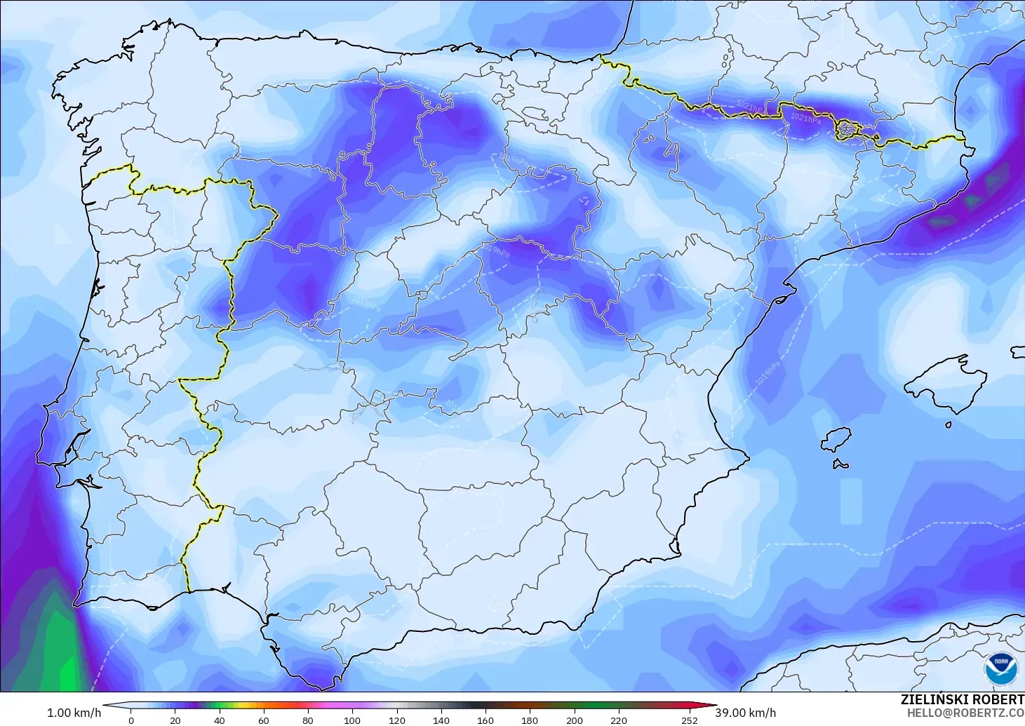 GFS modelo - Espanha, Rajadas de Vento Máximas