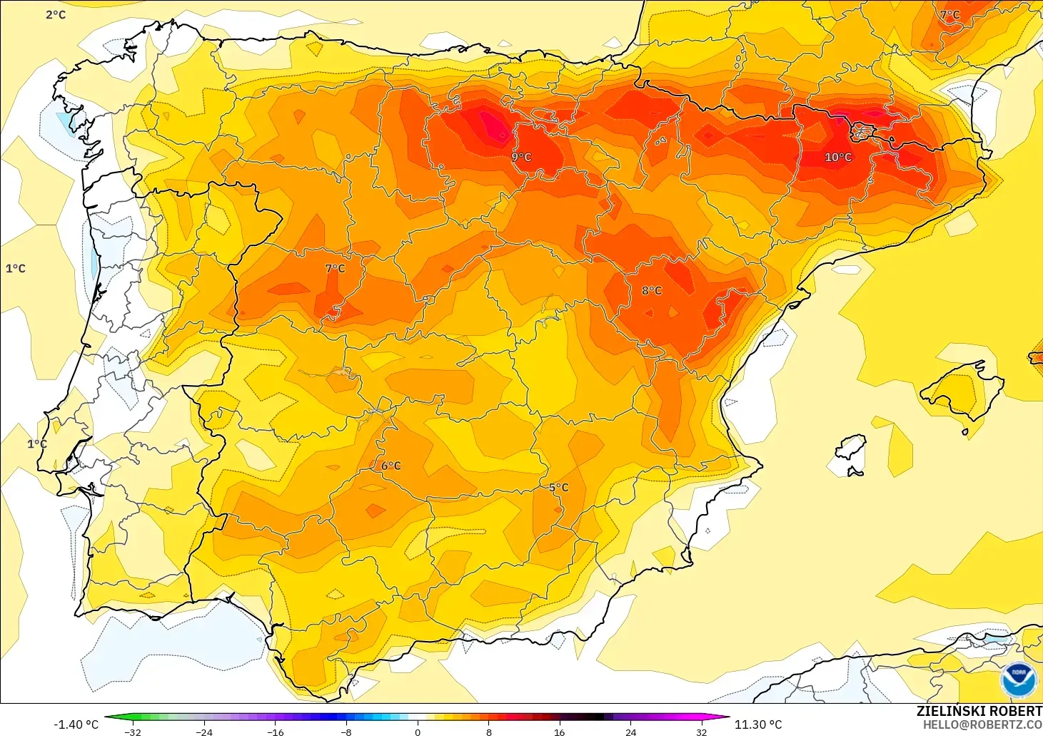GFS modelo - Espanha, Anomalia de temperatura a 2 m