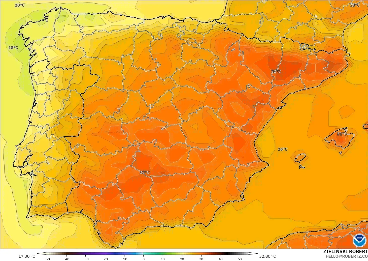 GFS modelo - Espanha, Temperatura a 2 m