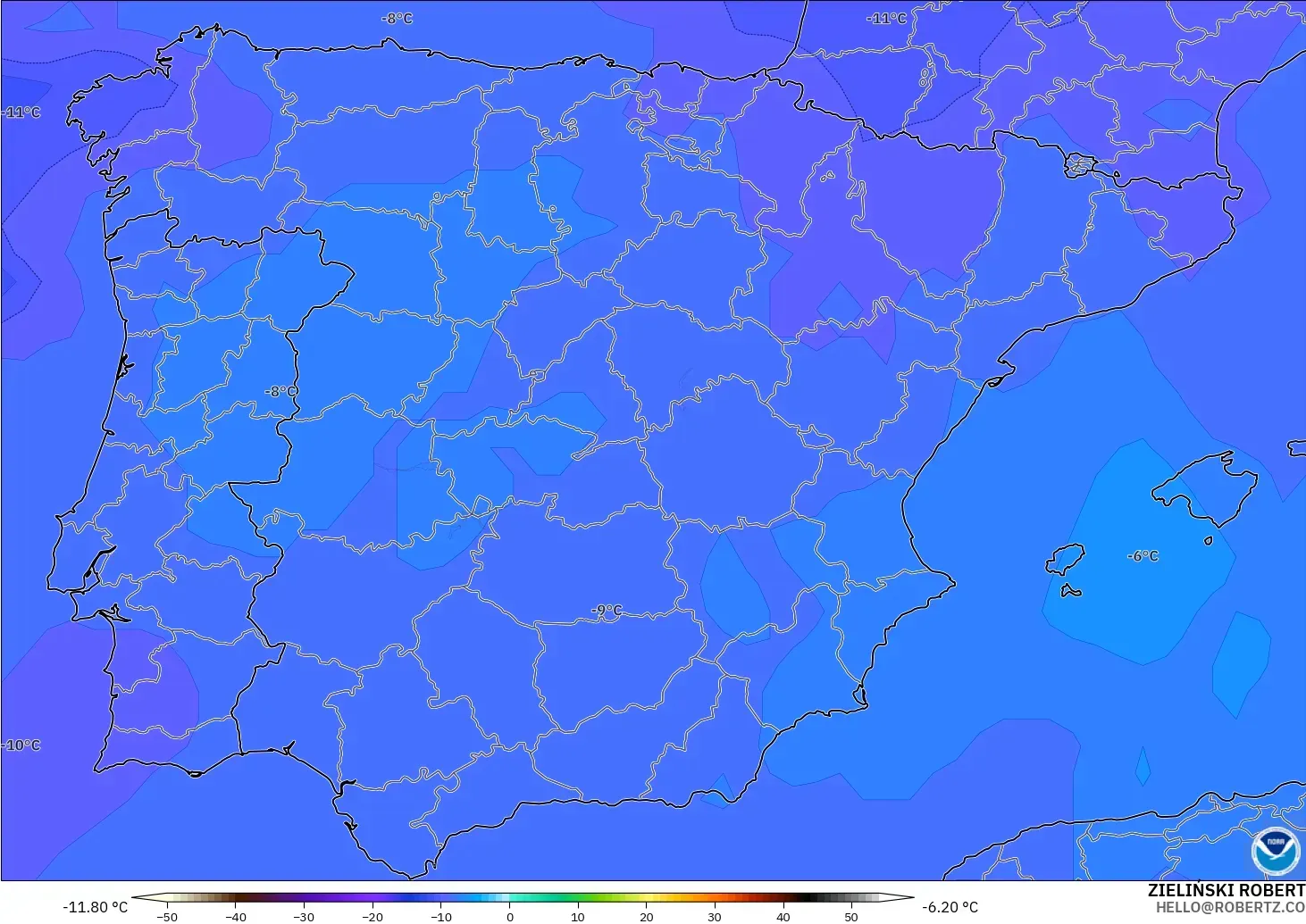 GFS modelo - Espanha, Temperatura a 500 hPa