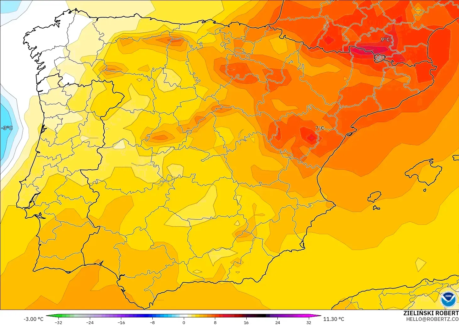 GFS modelo - Espanha, Anomalia de temperatura a 850 hPa