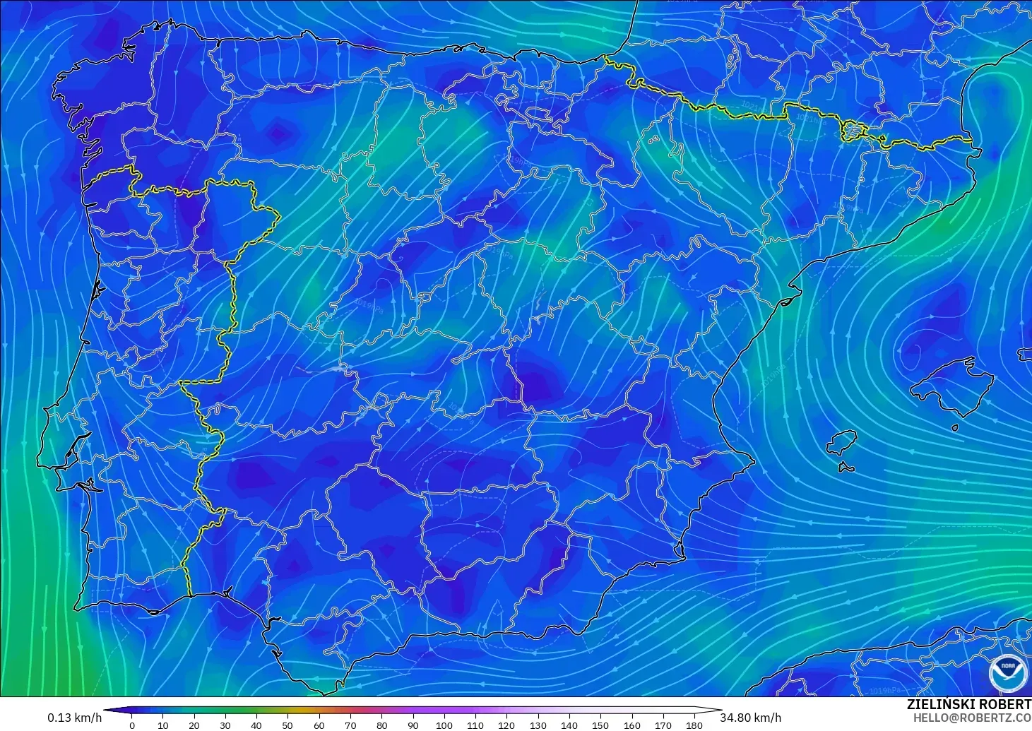 GFS modelo - Espanha, Vento a 10 m