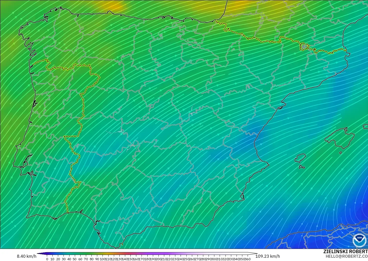 GFS modelo - Espanha, Vento a 300 hPa (corrente em jato)