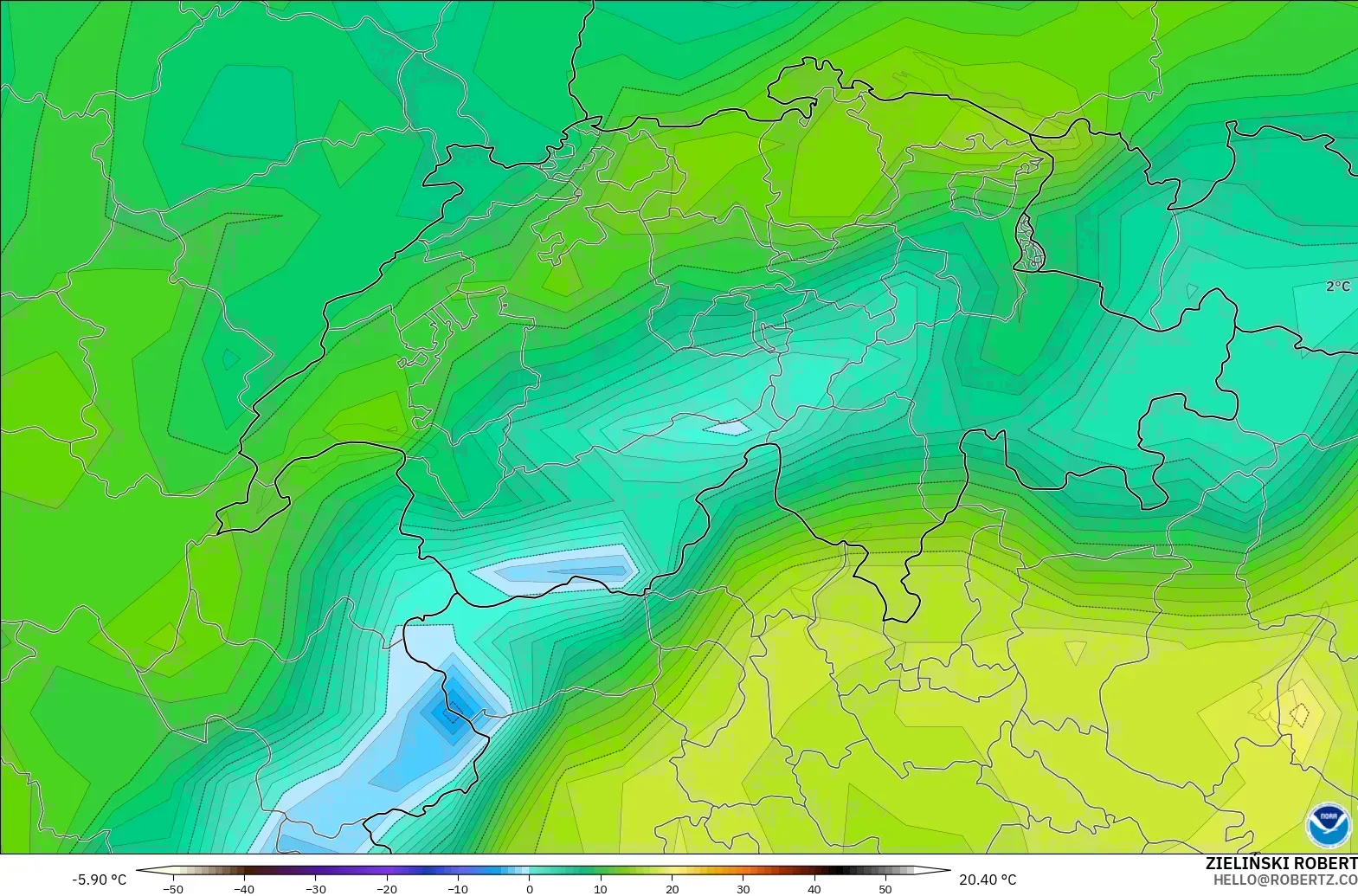 GFS modelo - Suíça, Ponto de orvalho a 2 m