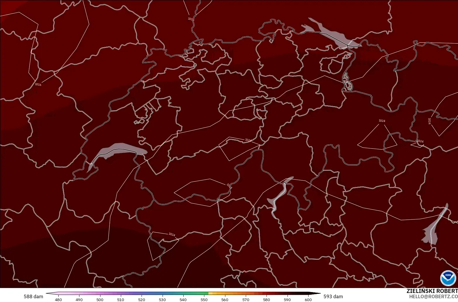 GFS modelo - Suíça, Altura geopotencial a 500 hPa