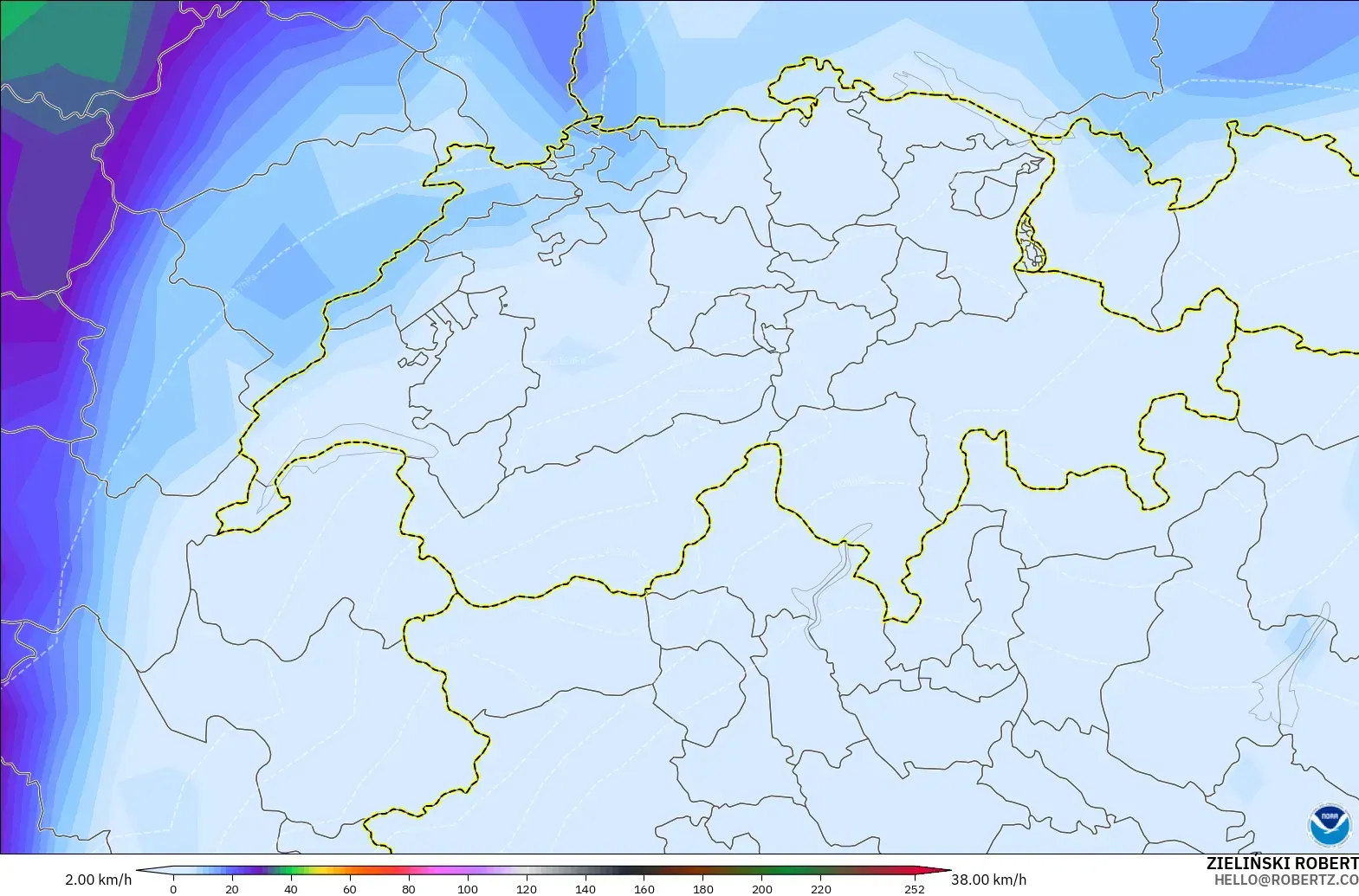 GFS modelo - Suíça, Rajadas de vento