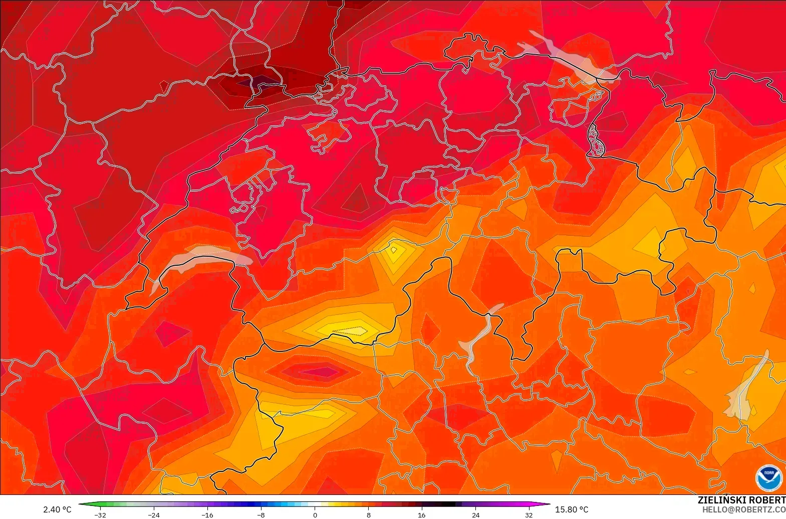 GFS modelo - Suíça, Anomalia de temperatura a 2 m