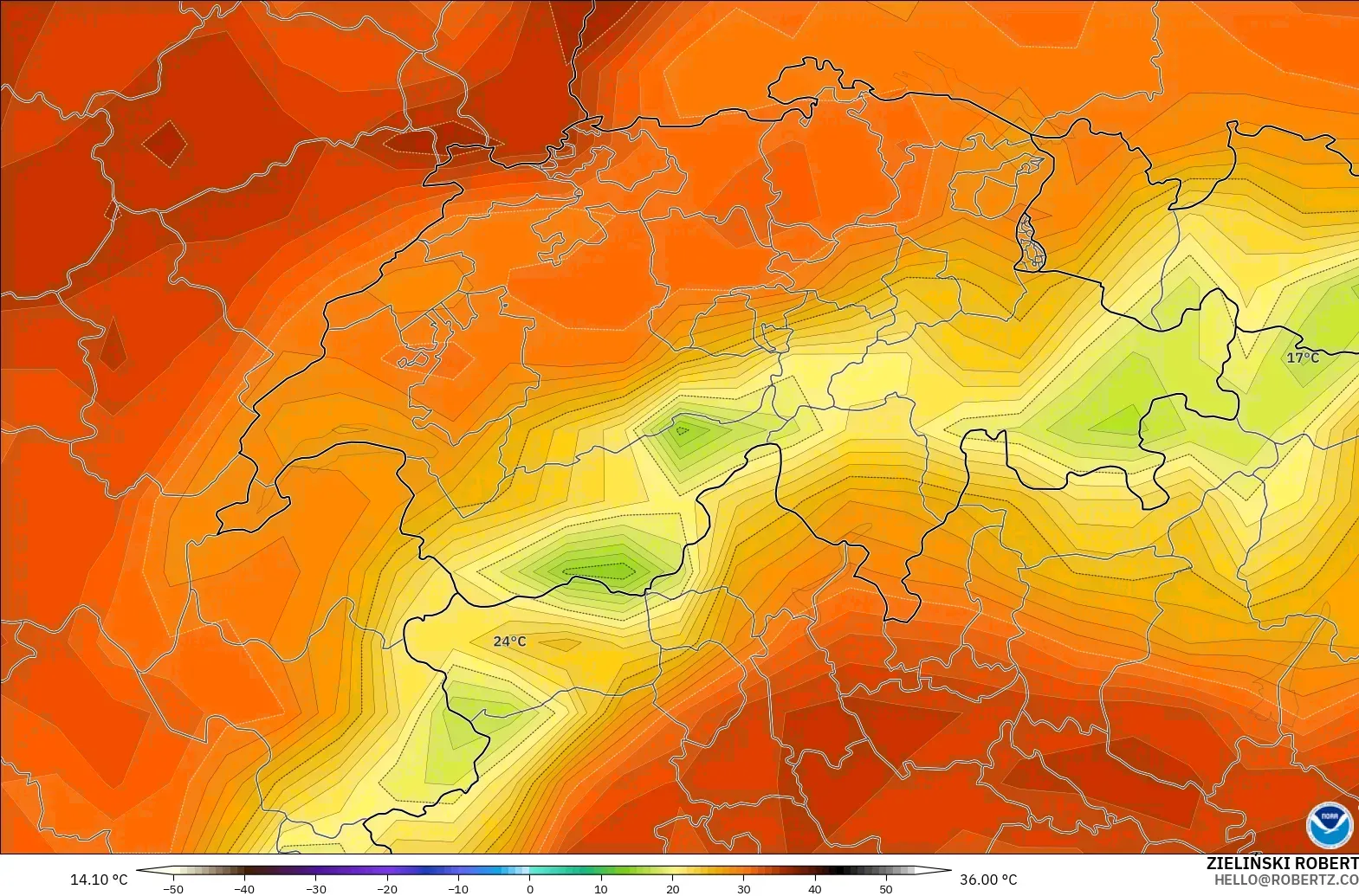 GFS modelo - Suíça, Temperatura a 2 m