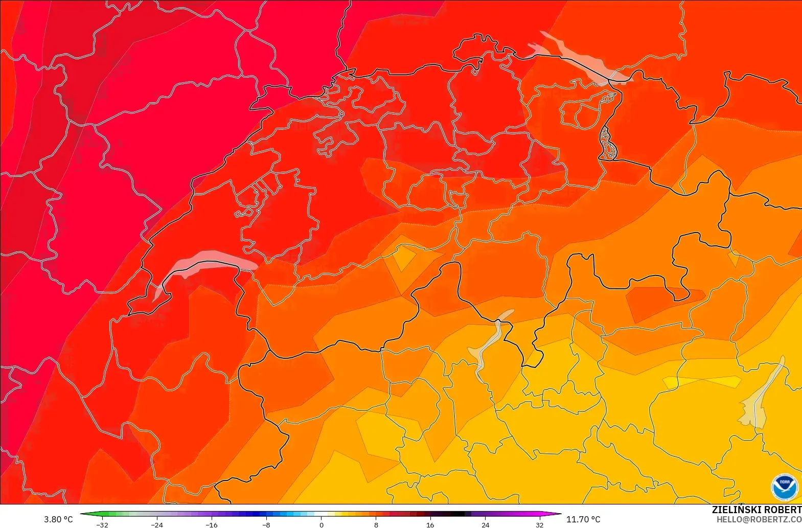 GFS modelo - Suíça, Anomalia de temperatura a 850 hPa