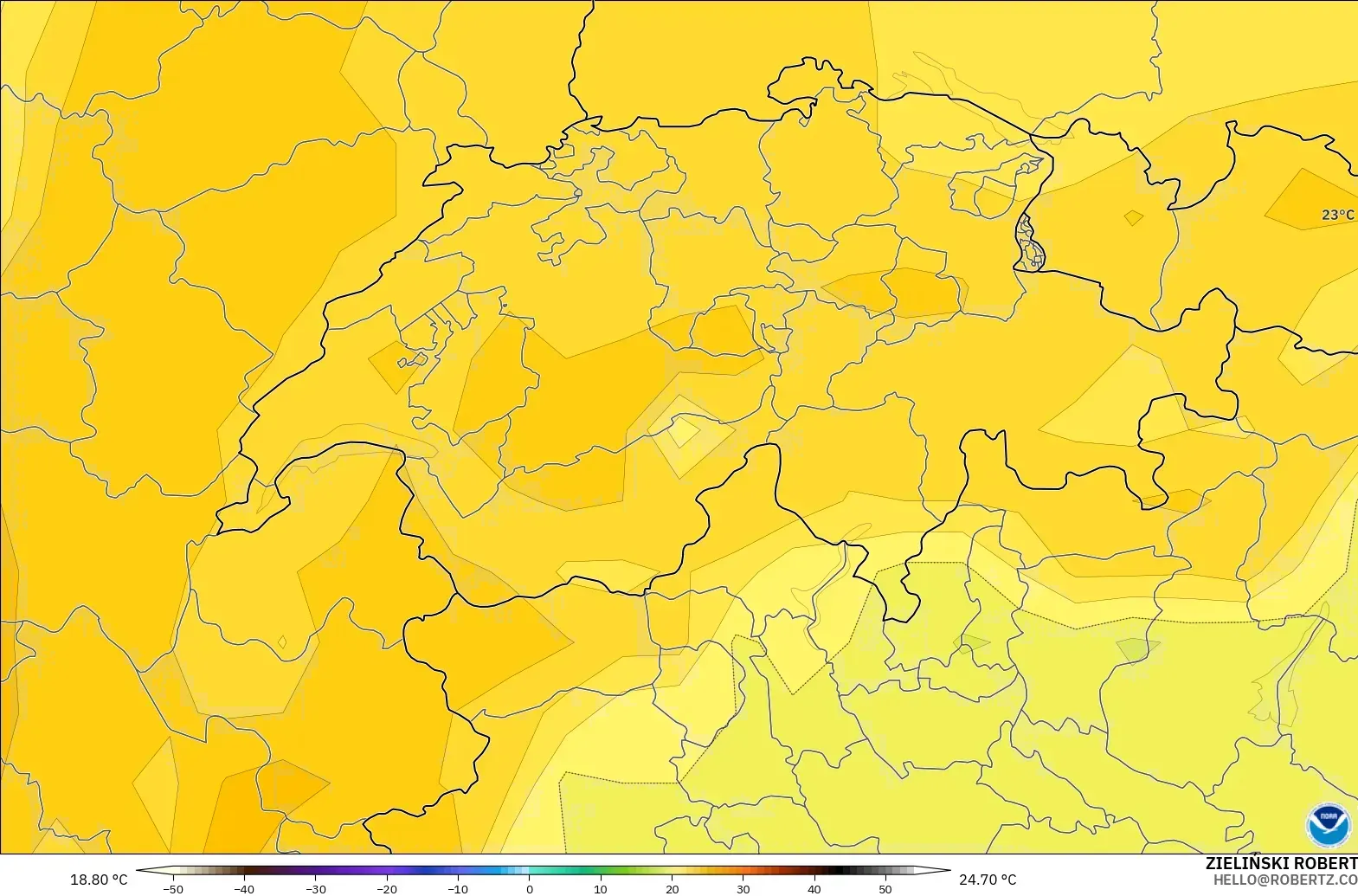 GFS modelo - Suíça, Temperatura a 850 hPa