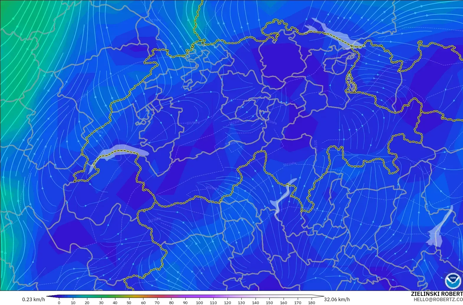 GFS modelo - Suíça, Vento a 10 m