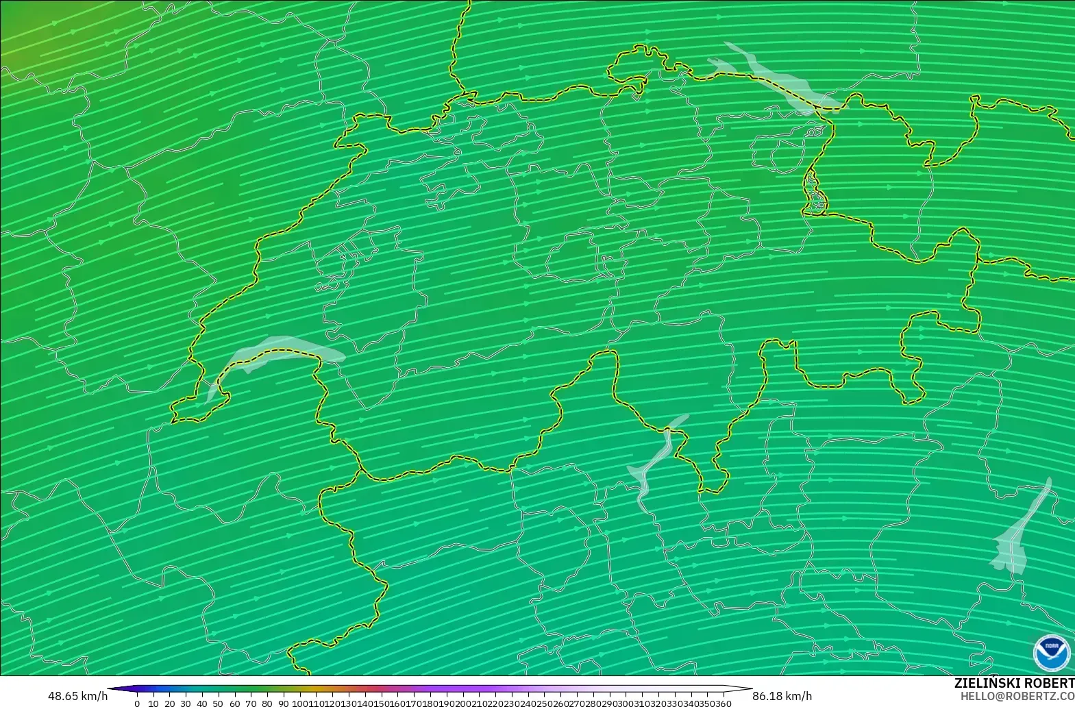 GFS modelo - Suíça, Vento a 300 hPa (corrente em jato)