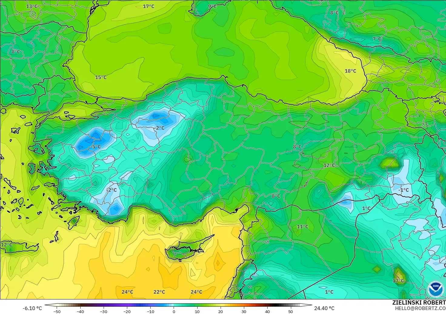 GFS modelo - Turquia, Ponto de orvalho a 2 m
