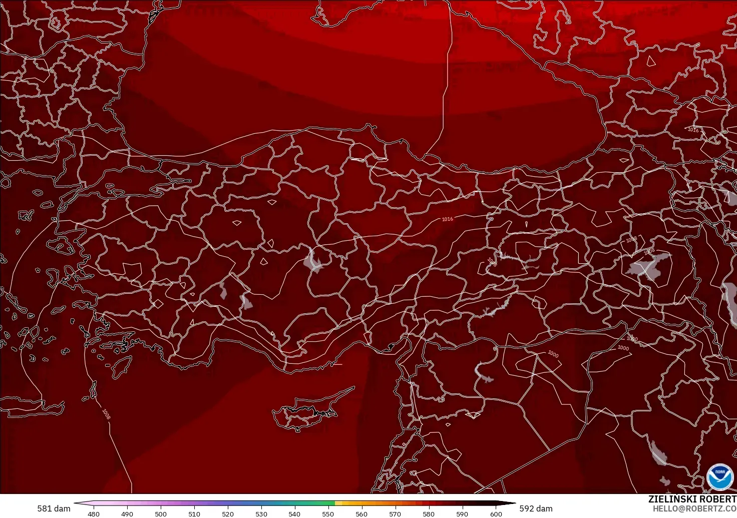 GFS modelo - Turquia, Altura geopotencial a 500 hPa