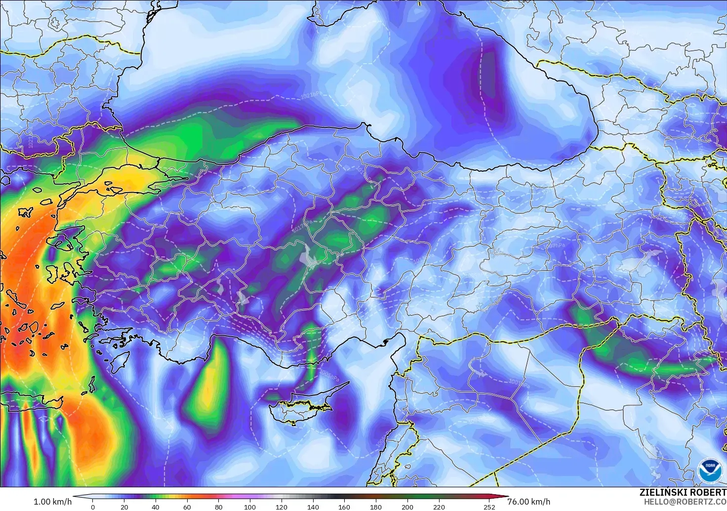 GFS modelo - Turquia, Rajadas de vento