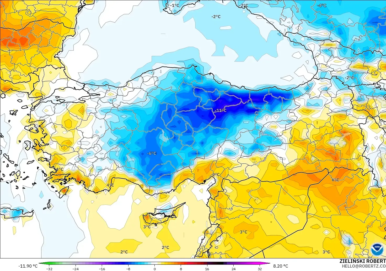 GFS modelo - Turquia, Anomalia de temperatura a 2 m