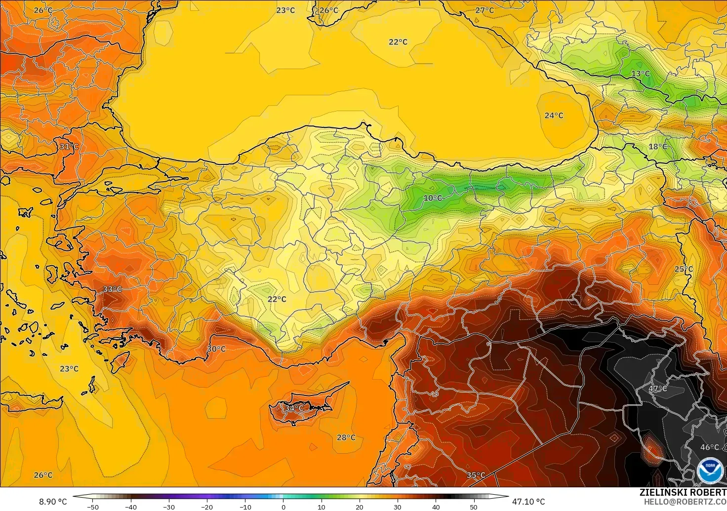 GFS modelo - Turquia, Temperatura a 2 m