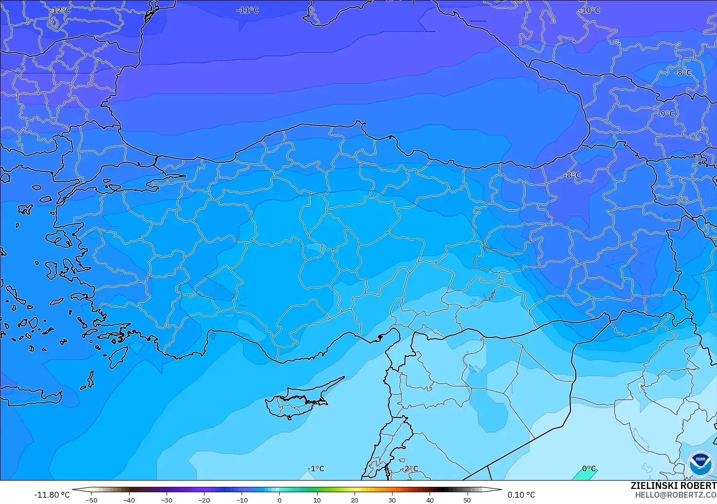 GFS modelo - Turquia, Temperatura a 500 hPa