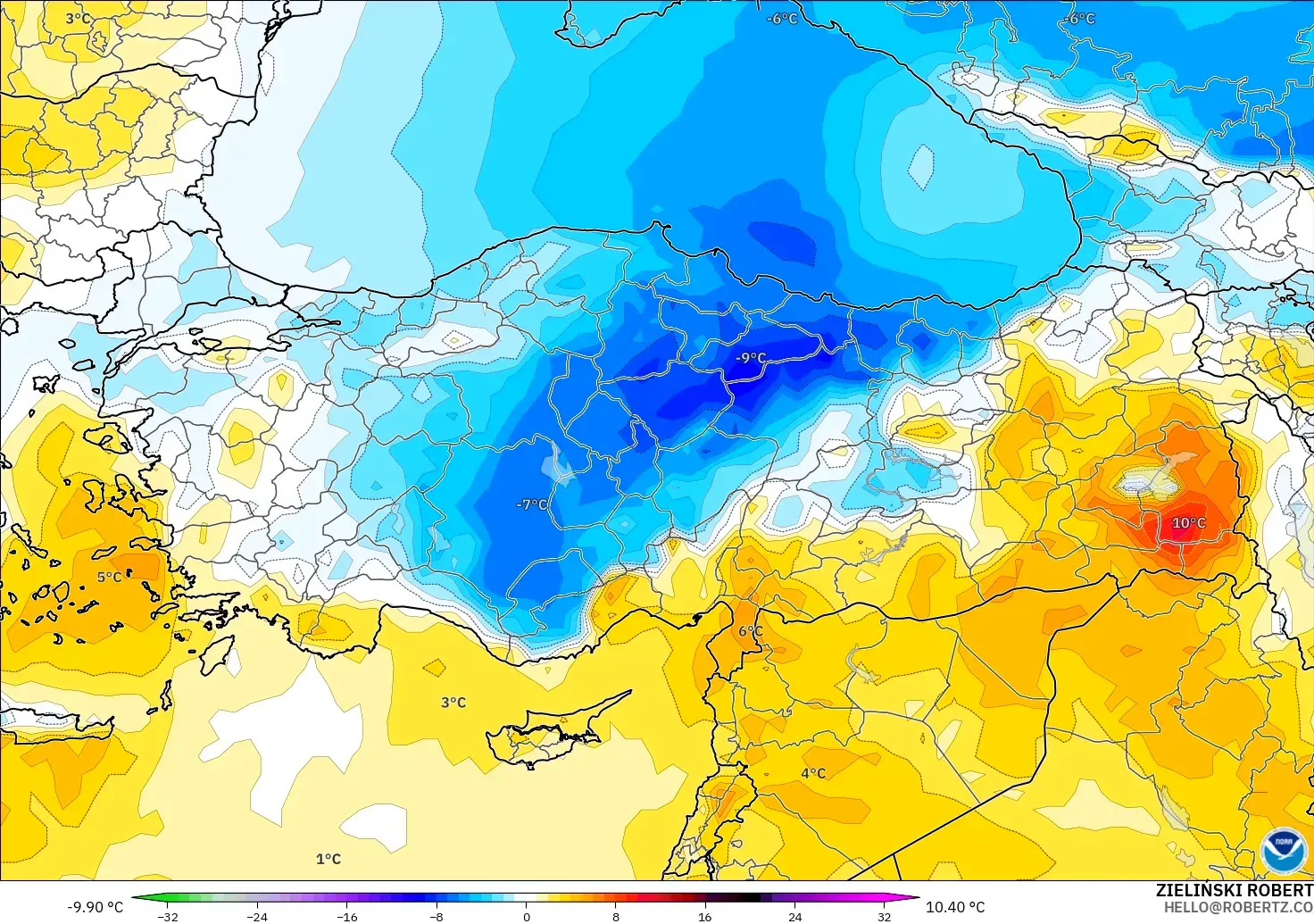 GFS modelo - Turquia, Anomalia de temperatura a 850 hPa