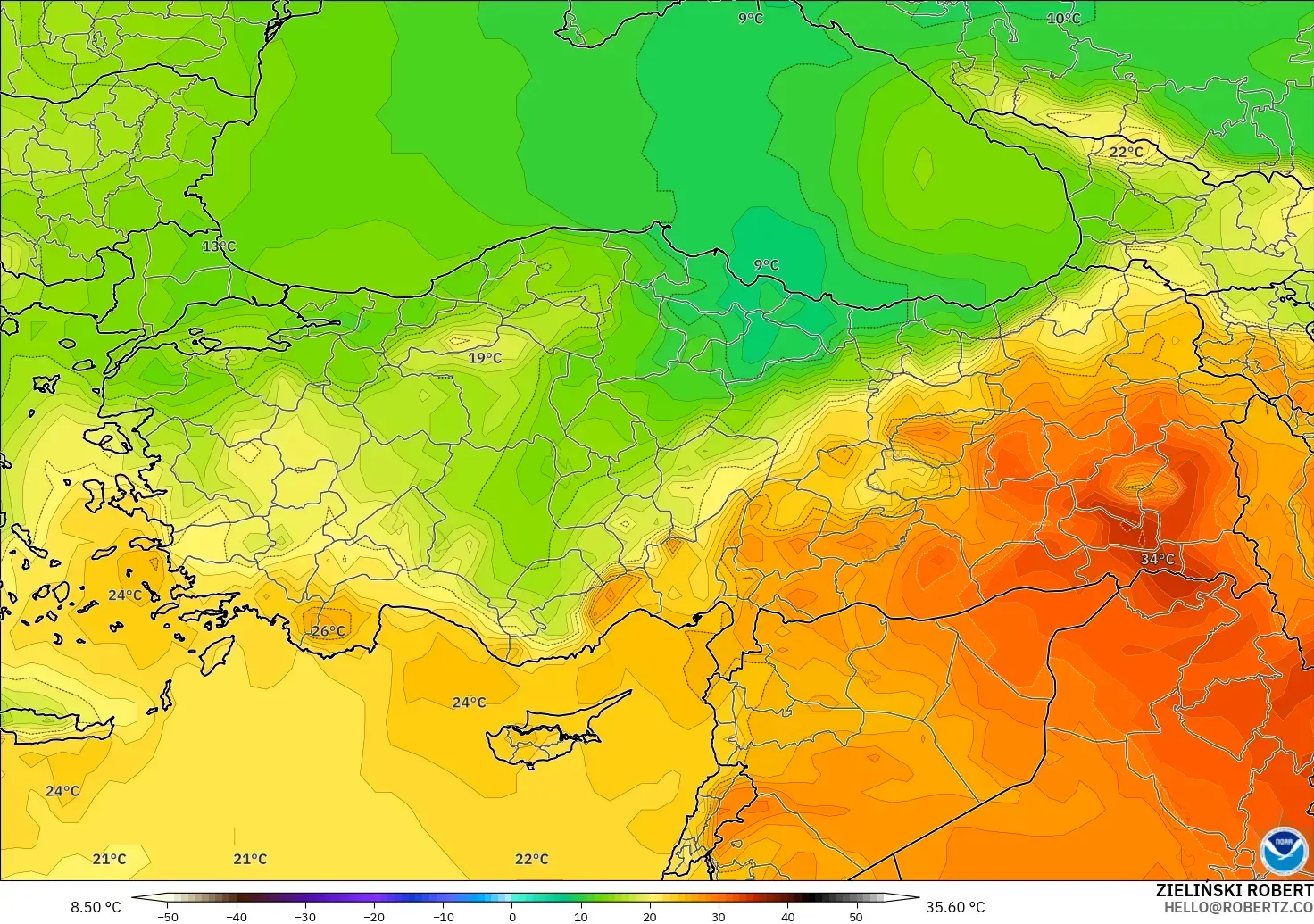 GFS modelo - Turquia, Temperatura a 850 hPa
