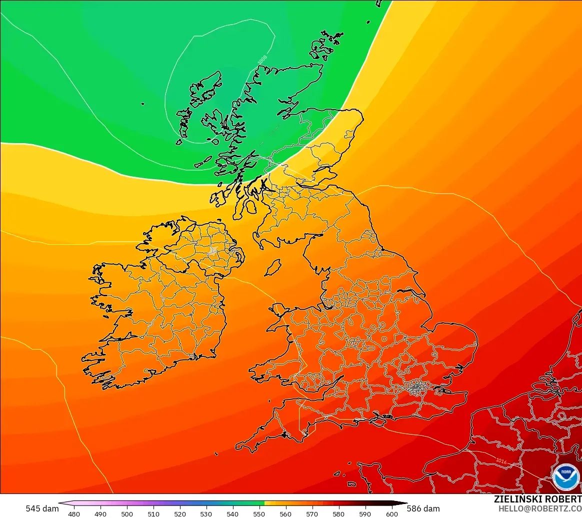 GFS modelo - Reino Unido, Altura geopotencial a 500 hPa