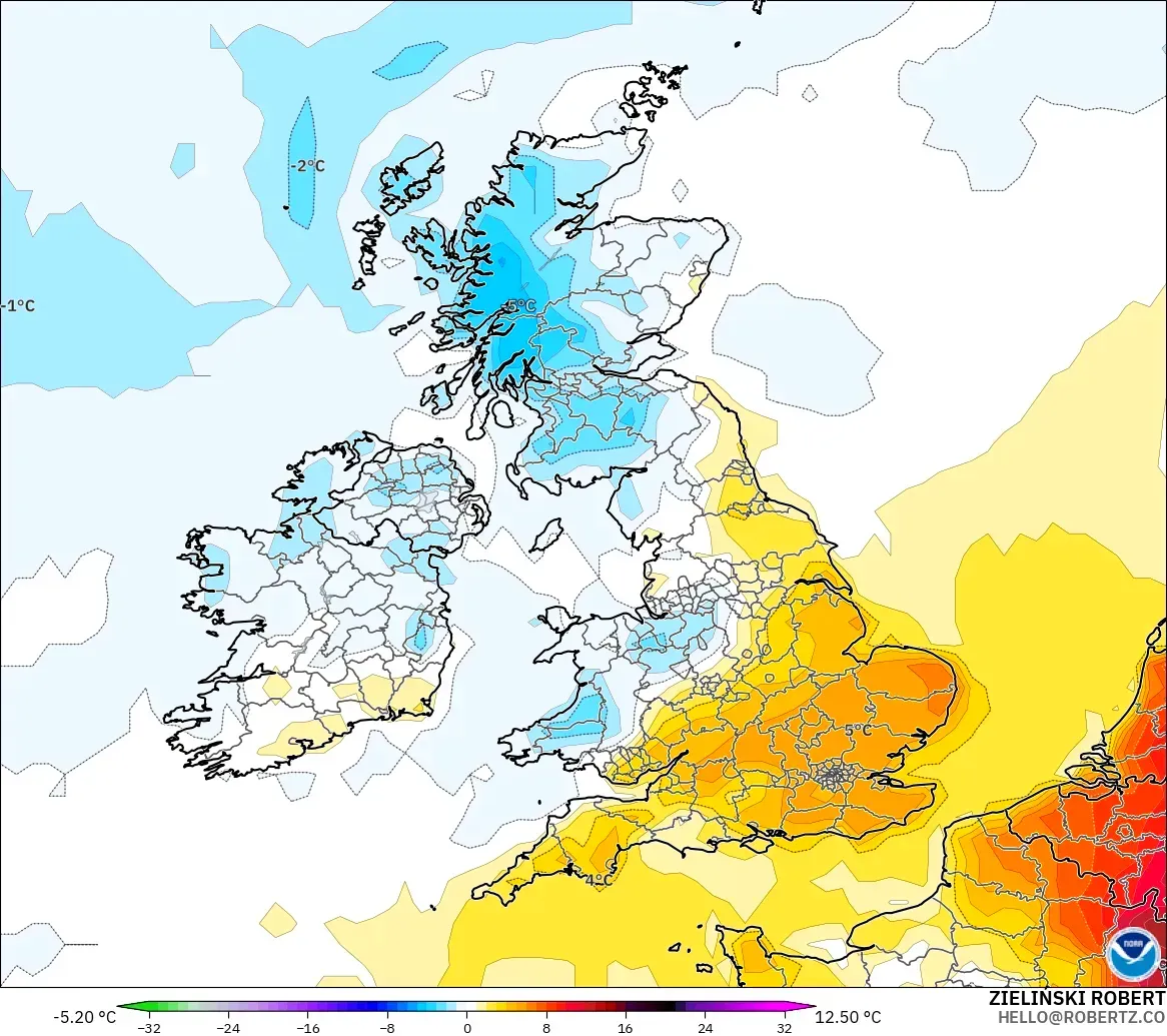 GFS modelo - Reino Unido, Anomalia de temperatura a 2 m