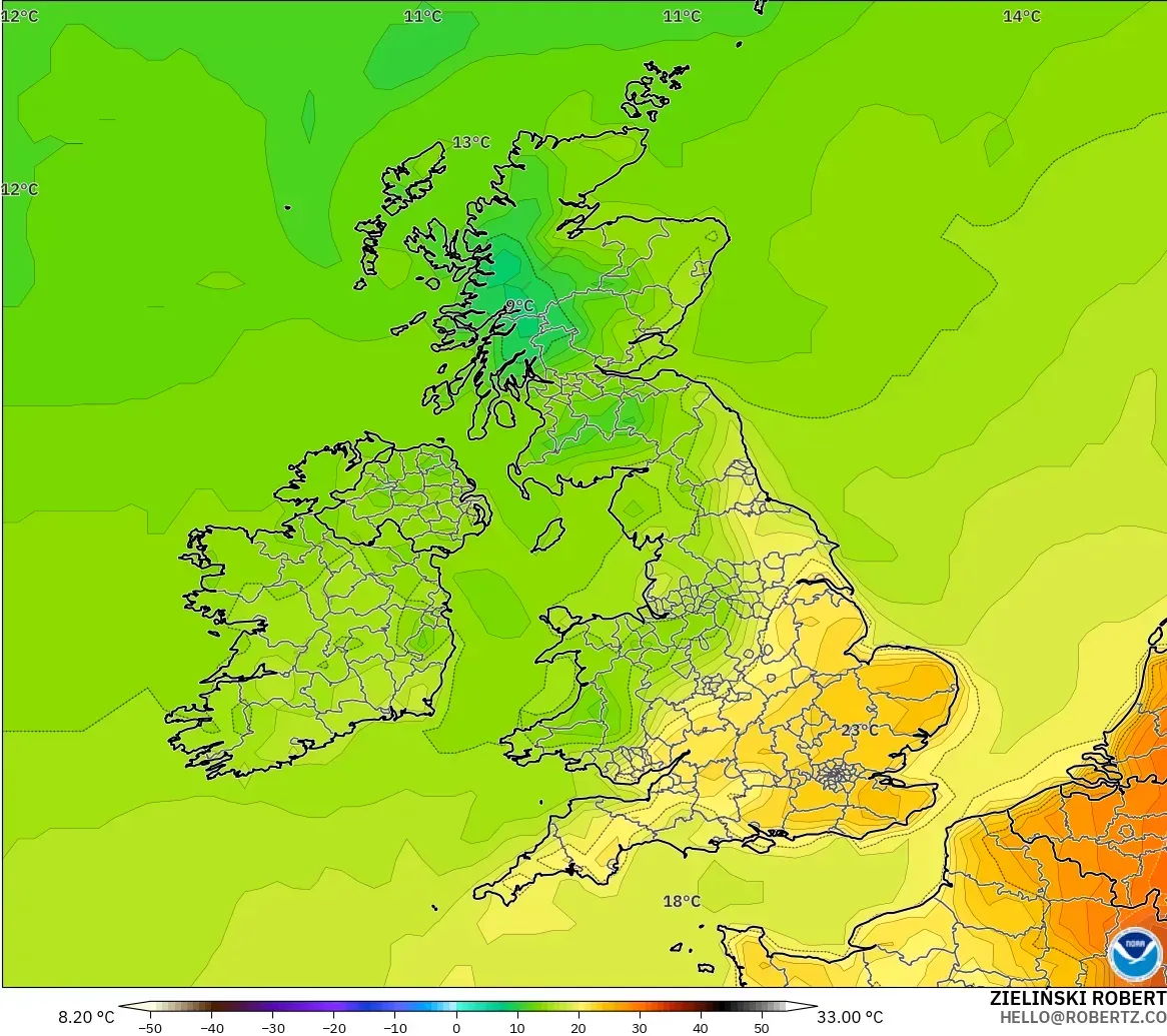 GFS modelo - Reino Unido, Temperatura a 2 m
