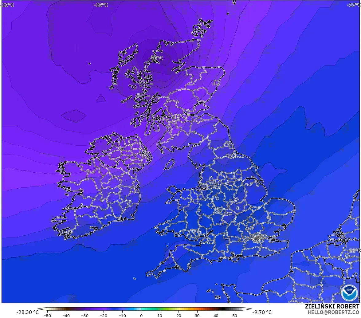 GFS modelo - Reino Unido, Temperatura a 500 hPa
