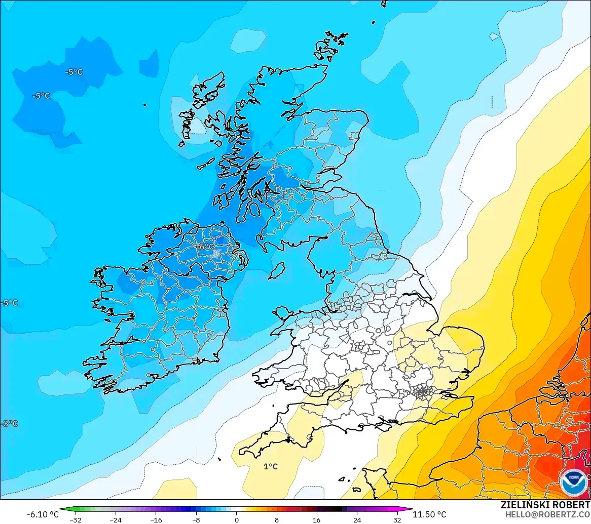 GFS modelo - Reino Unido, Anomalia de temperatura a 850 hPa
