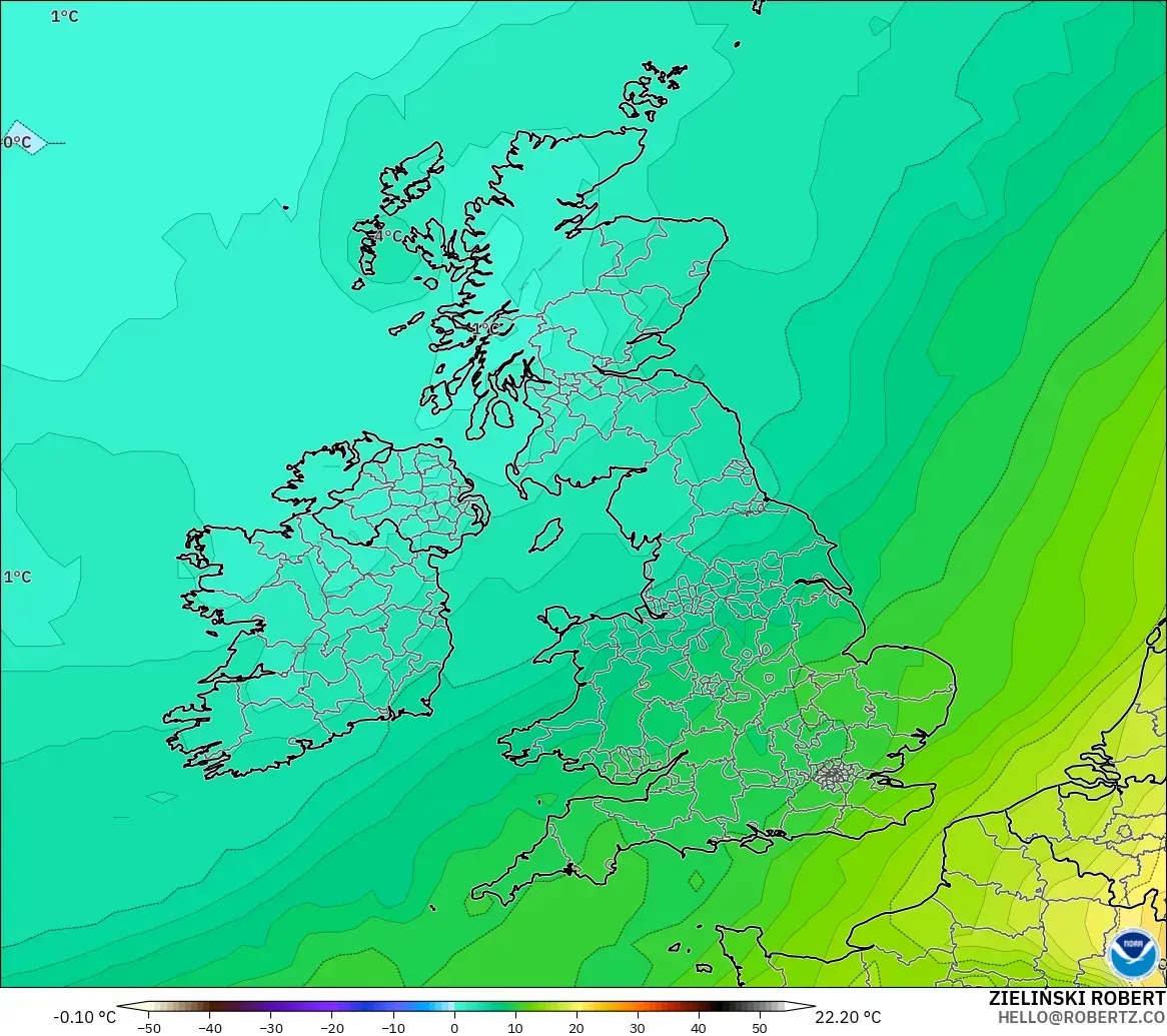 GFS modelo - Reino Unido, Temperatura a 850 hPa