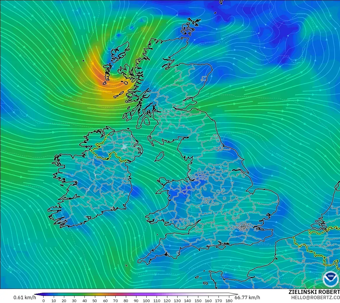 GFS modelo - Reino Unido, Vento a 10 m