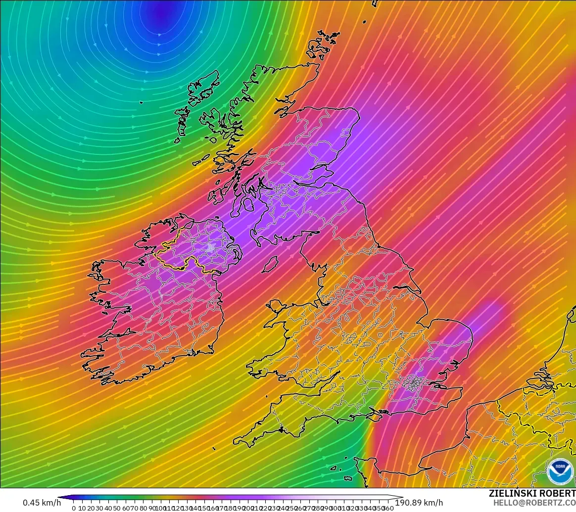 GFS modelo - Reino Unido, Vento a 300 hPa (corrente em jato)