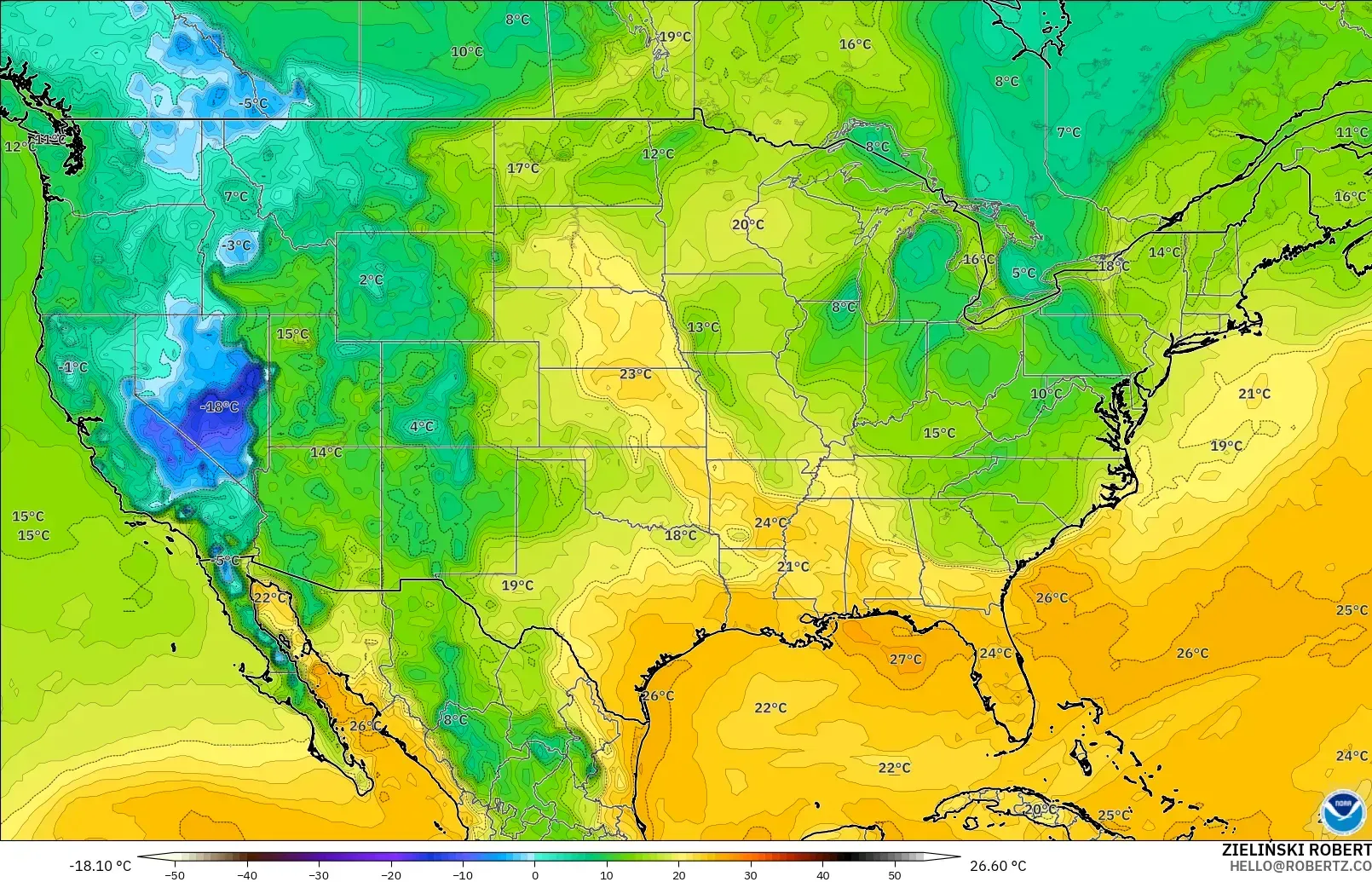 GFS modelo - Estados Unidos, Ponto de orvalho a 2 m
