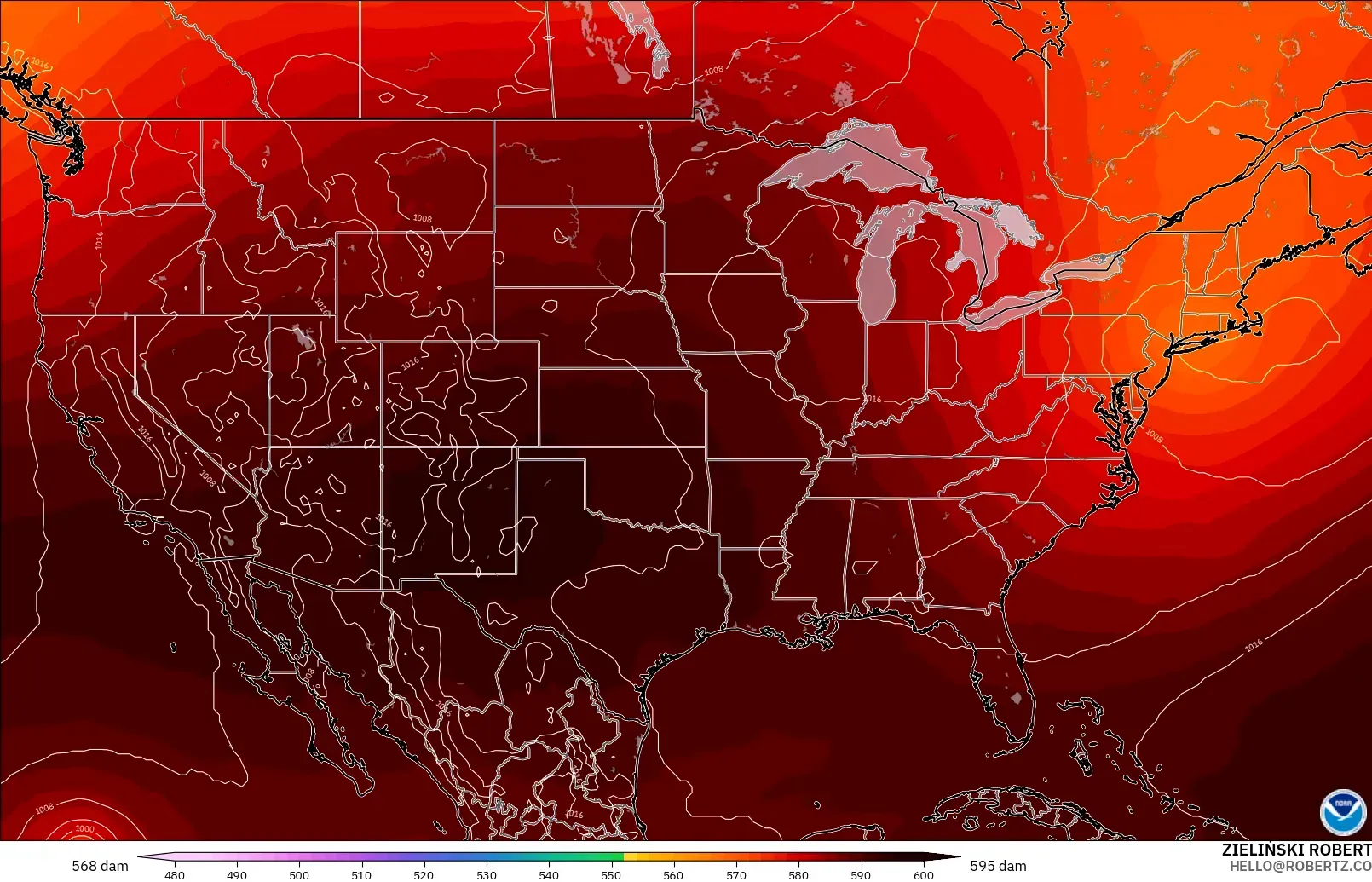 GFS modelo - Estados Unidos, Altura geopotencial a 500 hPa