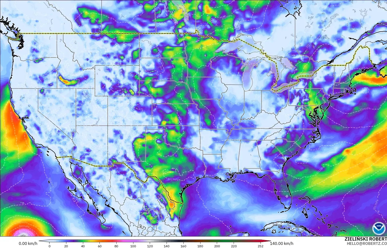 GFS modelo - Estados Unidos, Rajadas de Vento Máximas