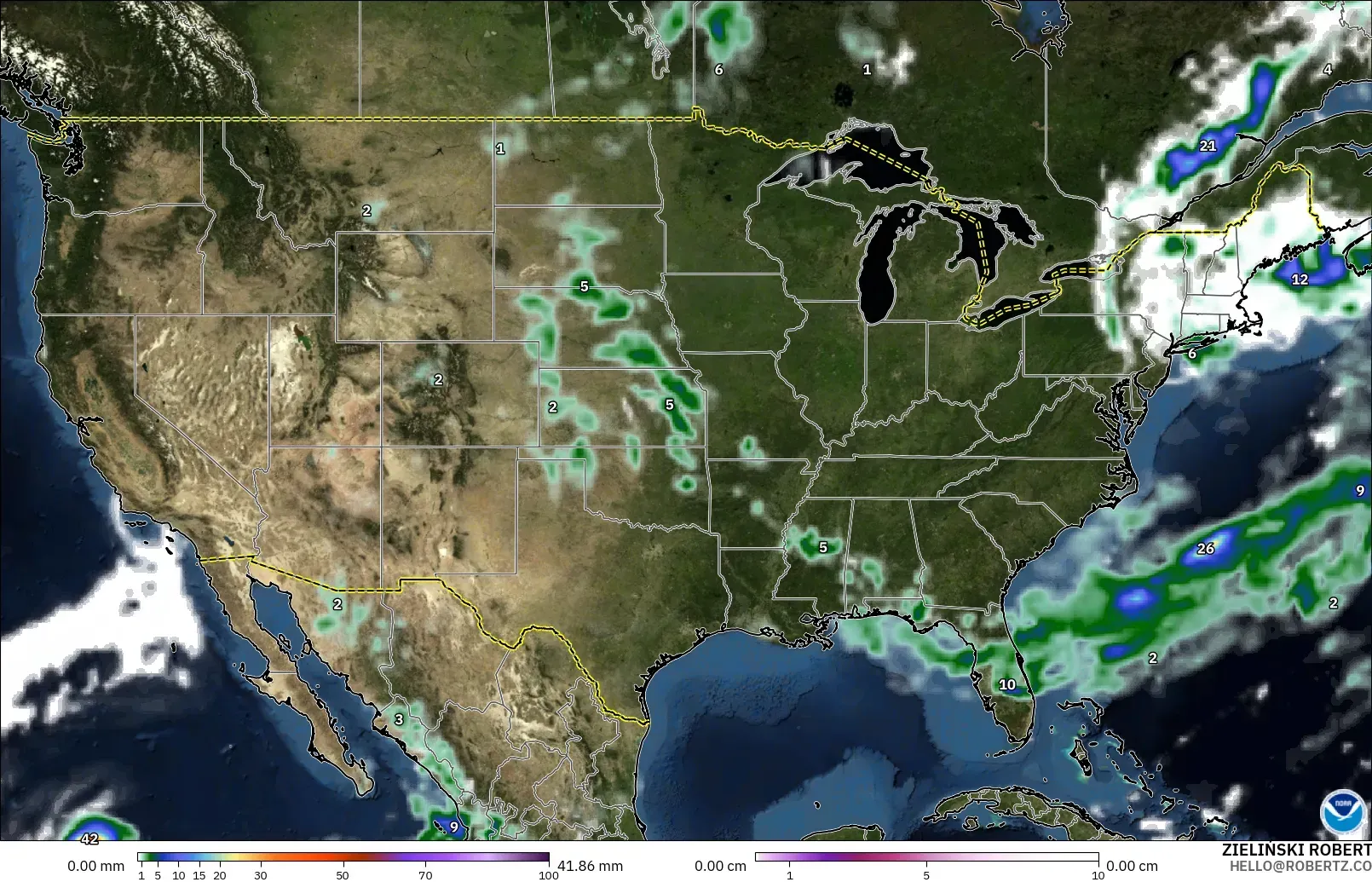 GFS modelo - Estados Unidos, Precipitação, nuvens e pressão