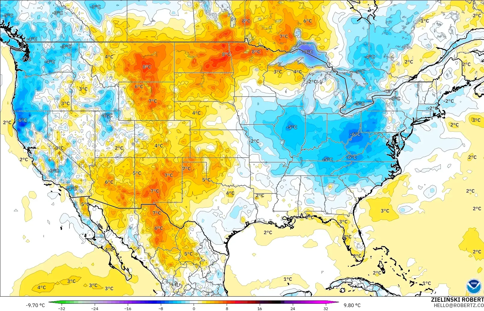 GFS modelo - Estados Unidos, Anomalia de temperatura a 2 m