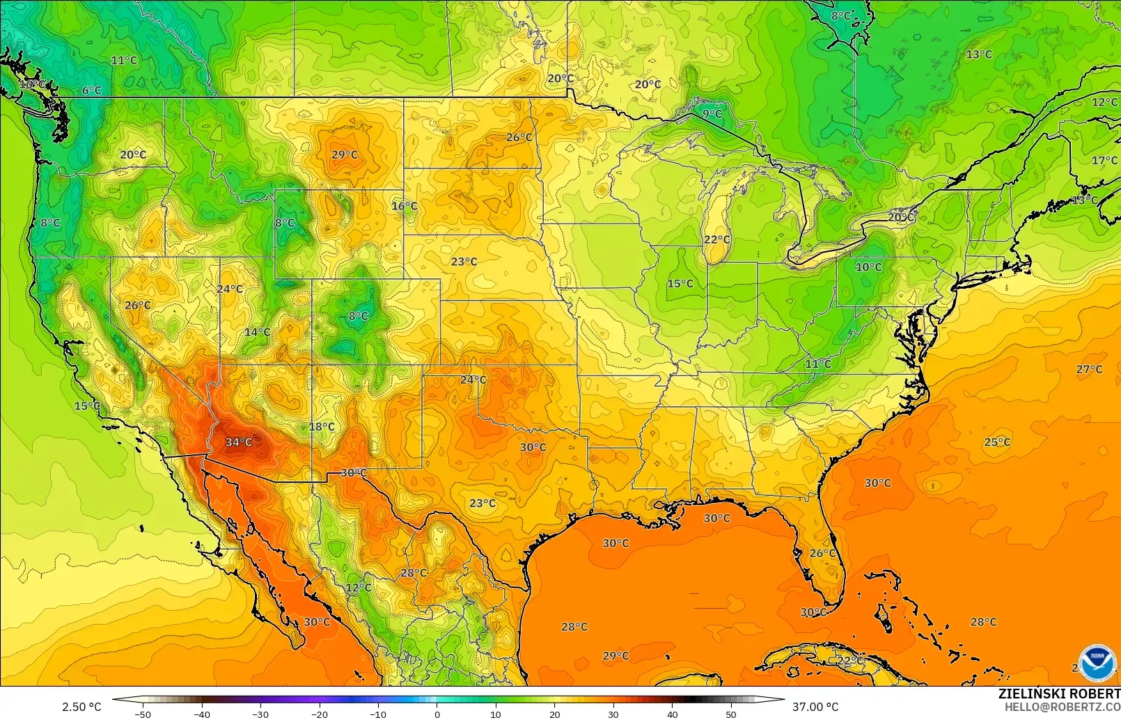 GFS modelo - Estados Unidos, Temperatura a 2 m