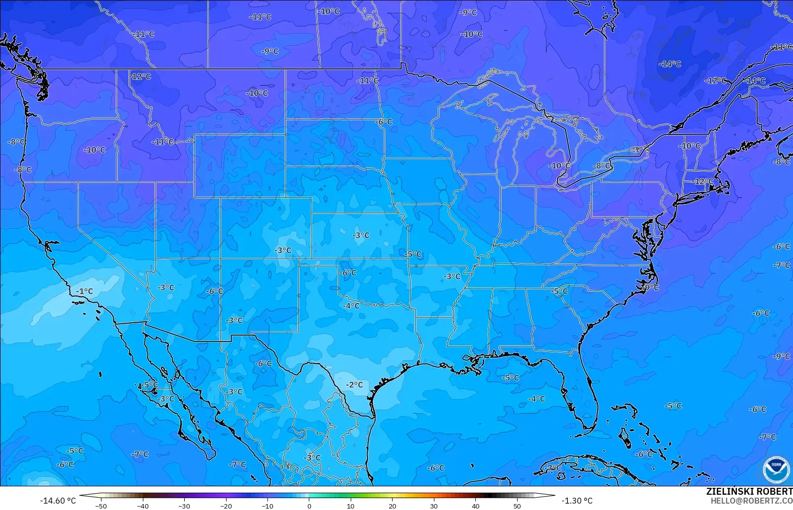 GFS modelo - Estados Unidos, Temperatura a 500 hPa