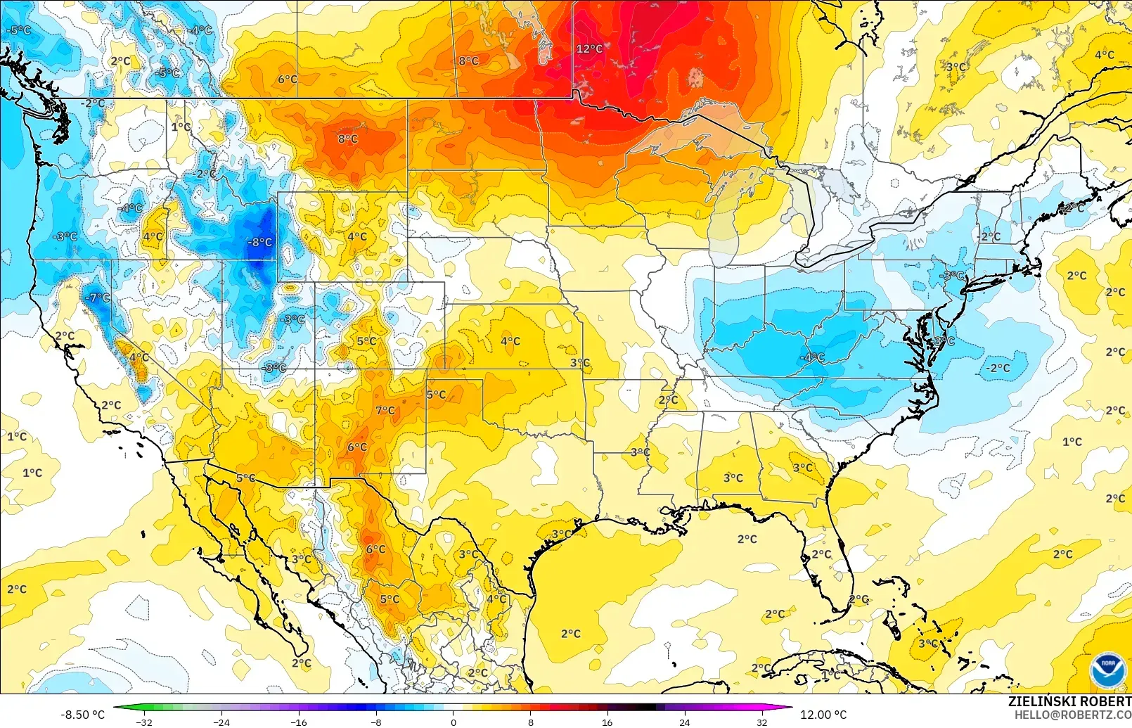 GFS modelo - Estados Unidos, Anomalia de temperatura a 850 hPa
