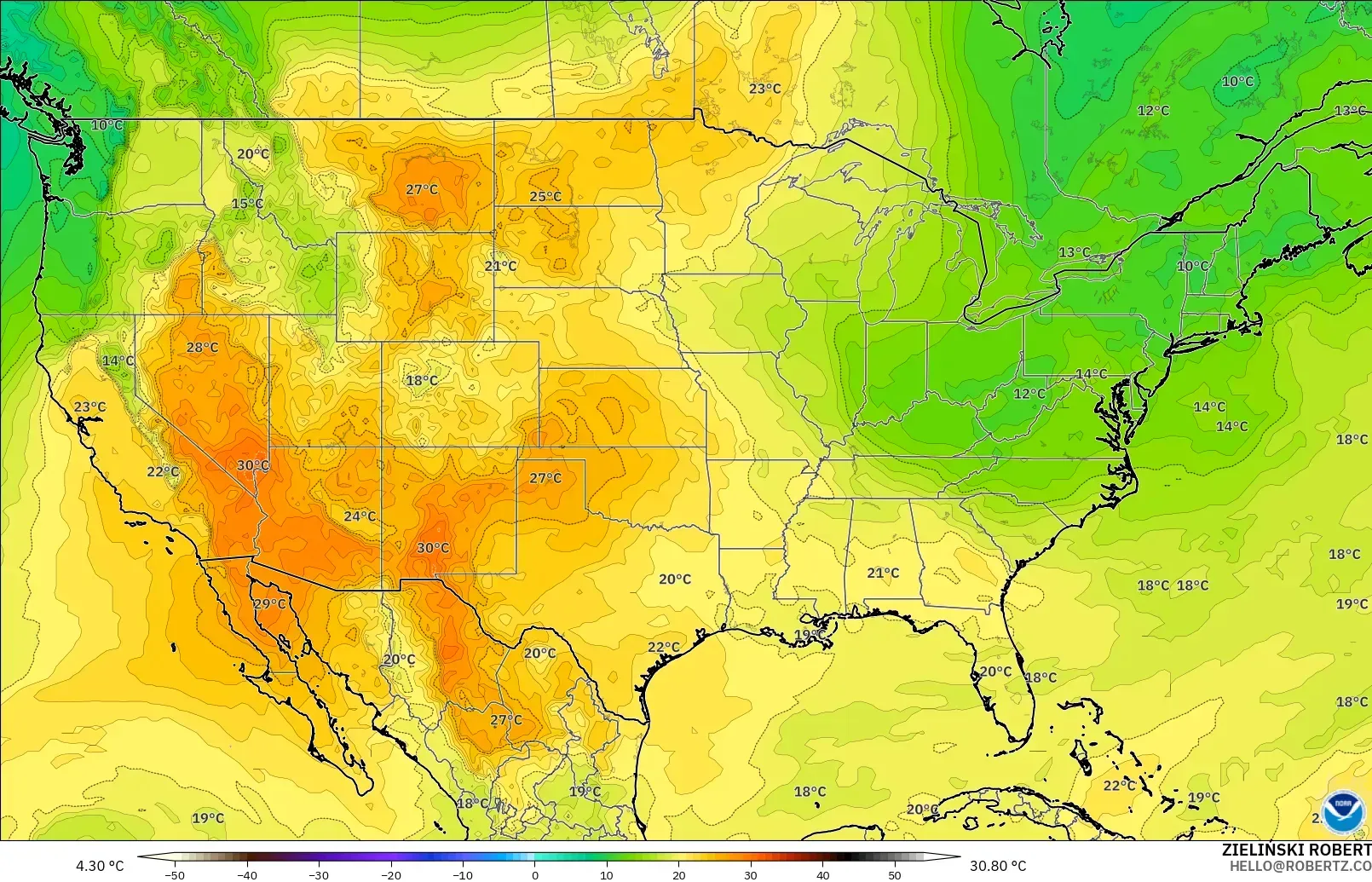GFS modelo - Estados Unidos, Temperatura a 850 hPa