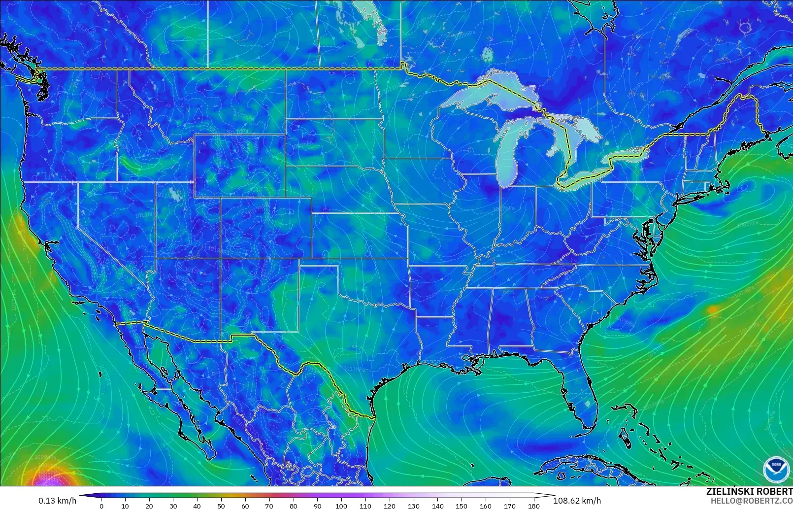 GFS modelo - Estados Unidos, Vento a 10 m