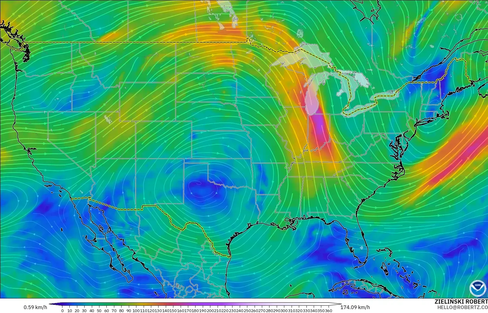 GFS modelo - Estados Unidos, Vento a 300 hPa (corrente em jato)